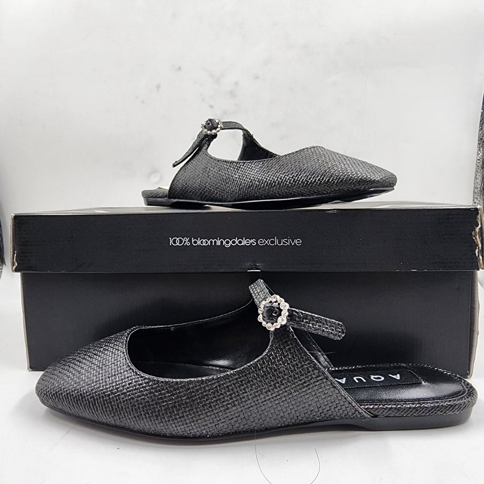 Aqua Gigii Pointed Square Toe Slip On Buckled Flats Women's 6M Black Solid - Picture 1 of 16
