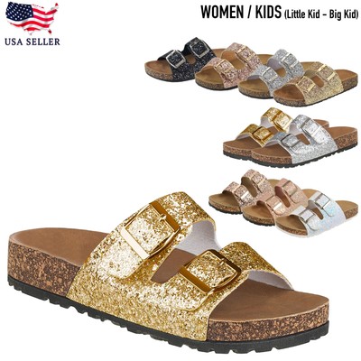 New Women u0026 Kids Glitter Sequin Double Buckle Strap Slide Footbed Summer  Sandal | eBay