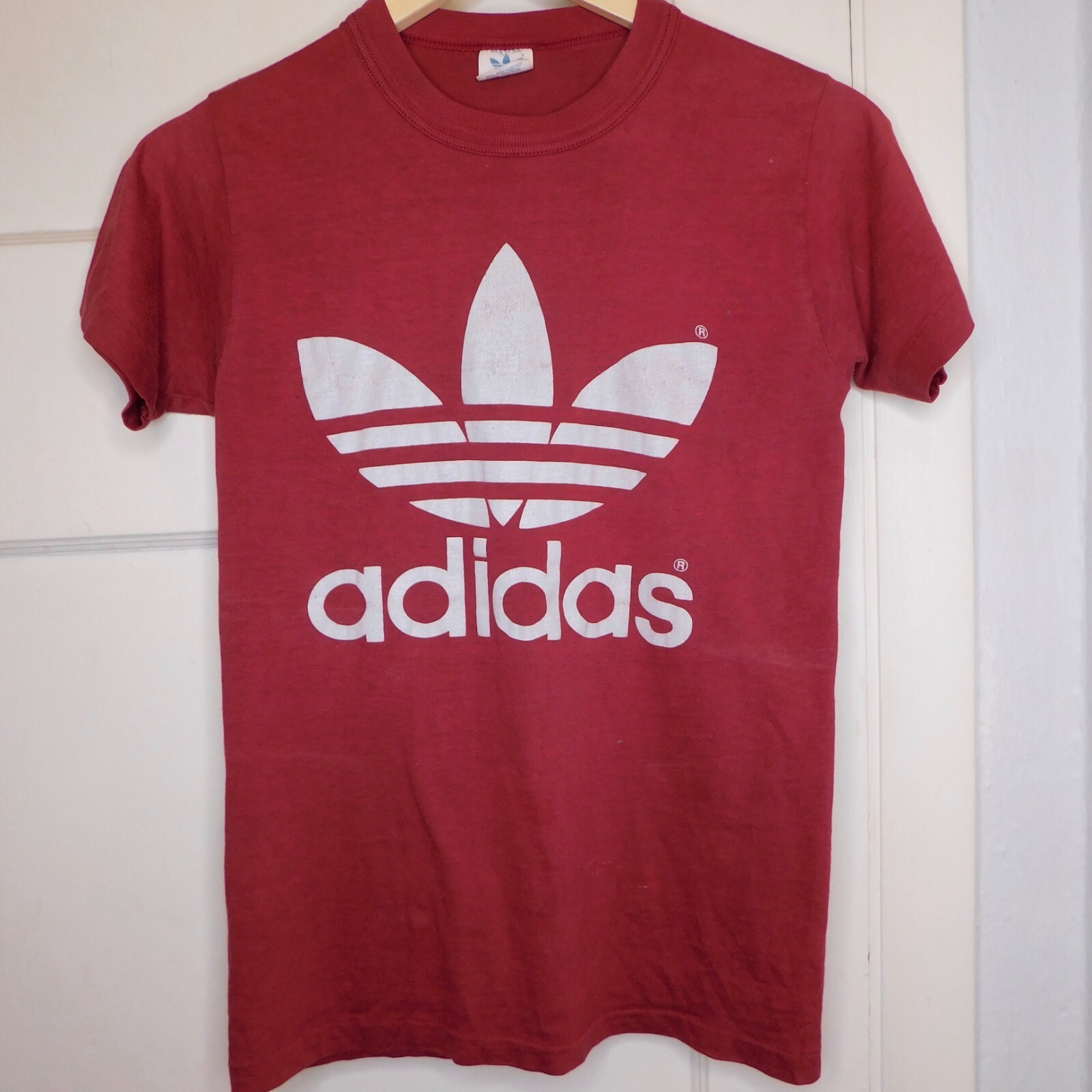Vtg 80s Adidas Sz S XS Red Trefoil Double Sided TShirt
