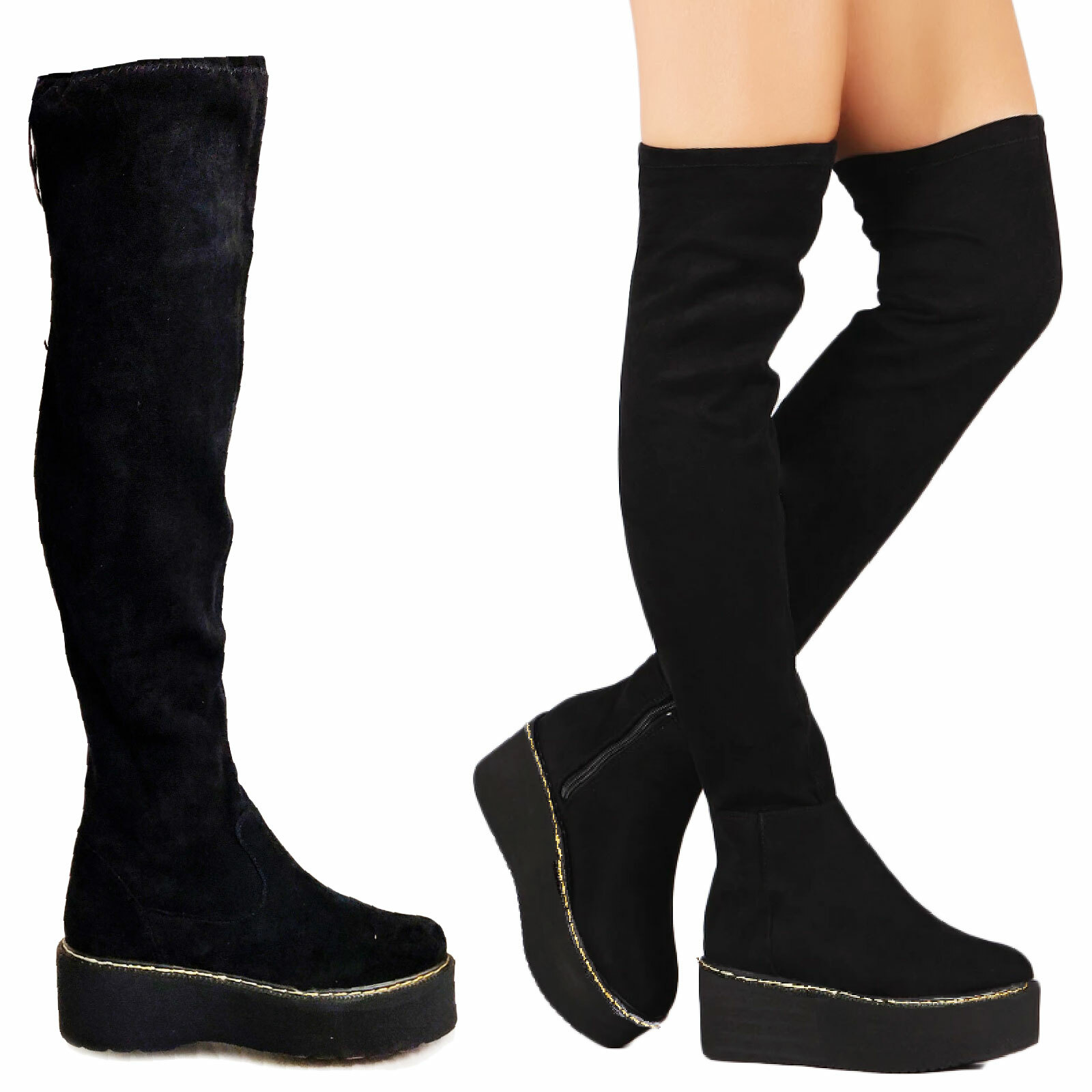 Bottes Femme Hauts Semelle Plate en Daim Cuissardes Compensé Platform Toocool | eBay