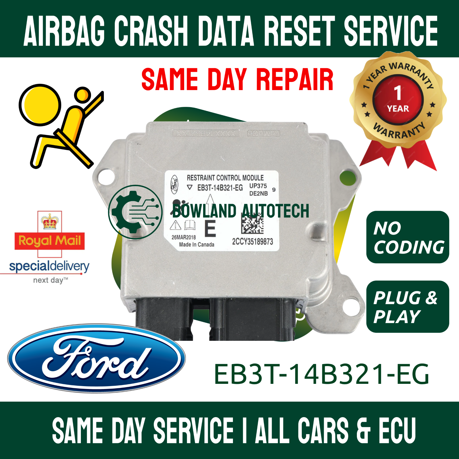 Ford Ranger EB3T-14B321-EG Airbag ECU Crash Data Reset Service