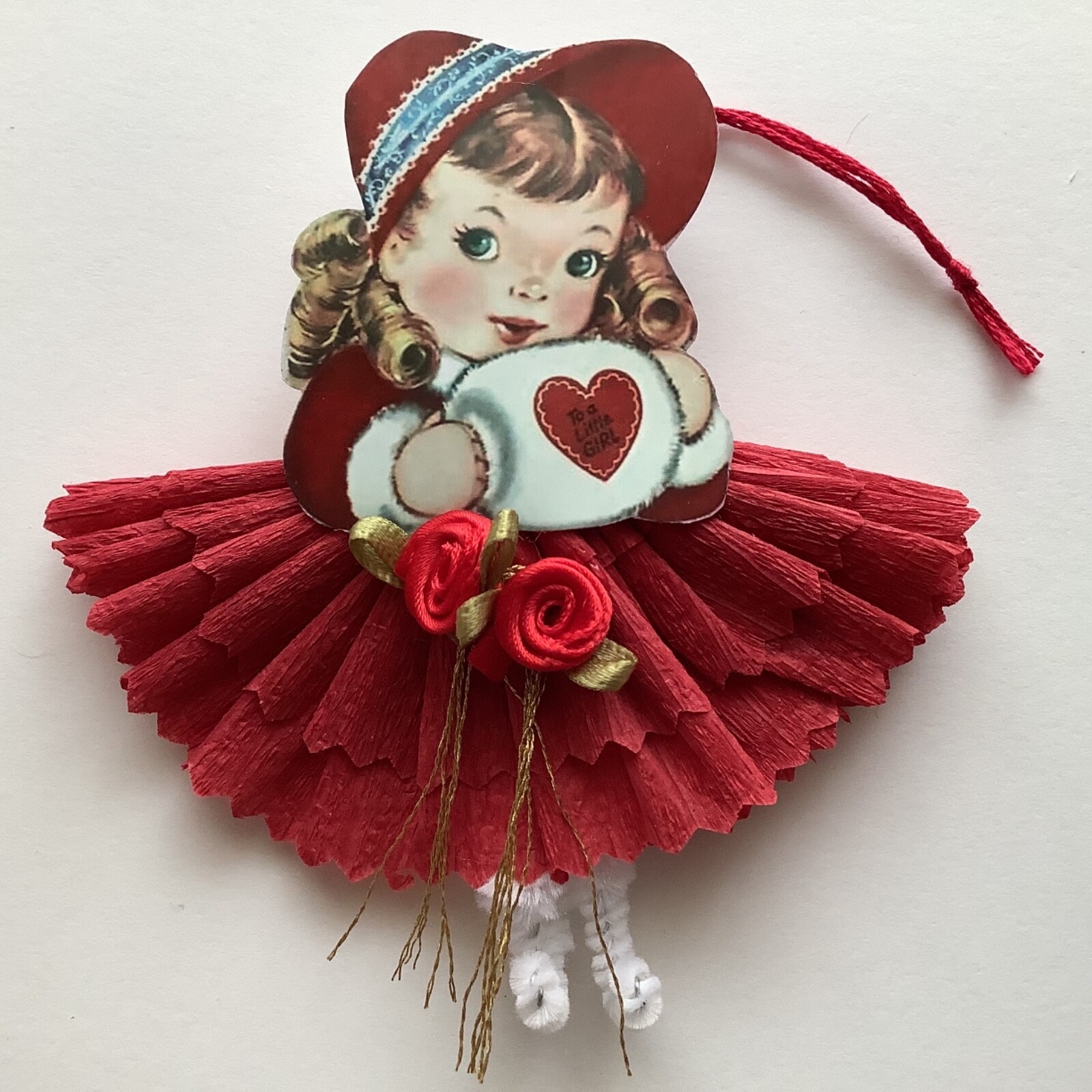 Paper doll Vintage Valentine’s Day feather tree ornaments gift tags card item#13