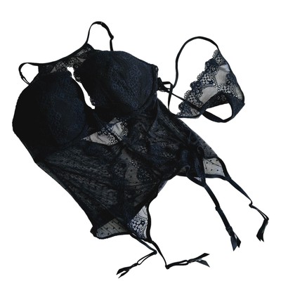 NWT Adore Me Heathyr Bustier Black Push Up Lace Thong Undies Size XL
