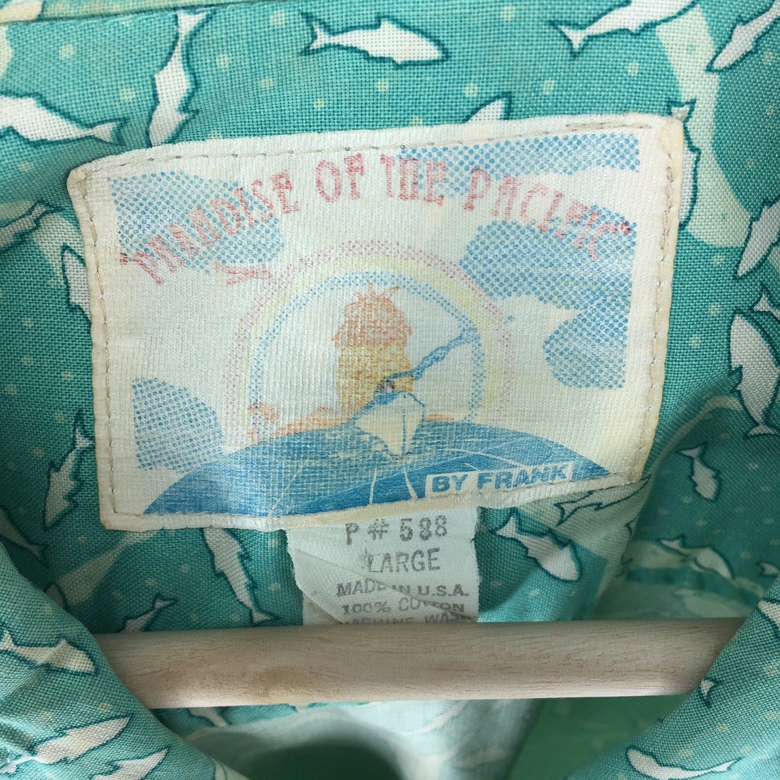 VTG Frank Mens Retro Shark Teal Green Short Sleeve Shirt Size L USA Hipster