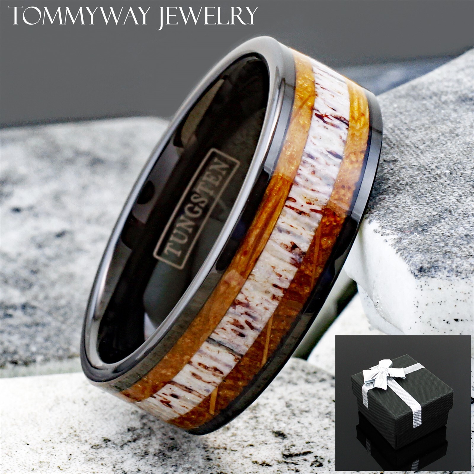 8mm Tungsten Men's Deer Antler & Whiskey Barrel Wood Wedding Band Ring Jewelry