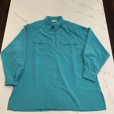 Long Sleeve Satiny Teal Colored Button Up Blouse Woman s Size 18