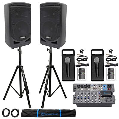 Samson Expedition XP800 800w Portable 8'' PA DJ Speakers+Mixer+Stands+Cables+Mics