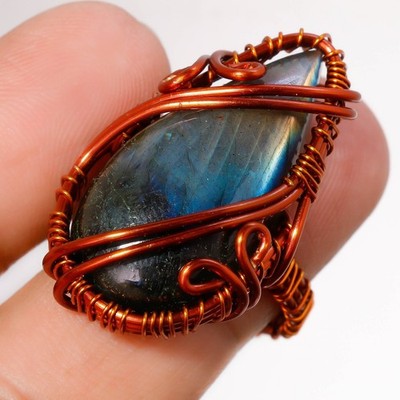 Blue Fire Labradorite Gemstone Copper Ring Handmade Wire Wrap Jewelry 6.75" u144
