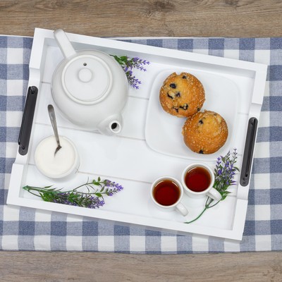 White Wooden Shiplap Serving Tray; Rustic Farmhouse Ottoman w/Black Handles