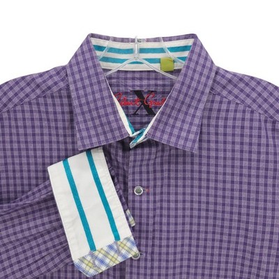 ROBERT GRAHAM Shirt Purple Check Flip Cuff 100% Cotton Tailored Fit Size LARGE