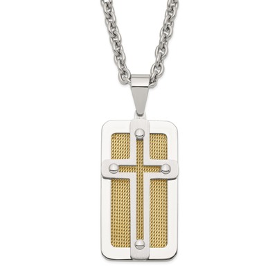 Stainless Steel Polished Yellow IP Plated Wire Inlay Cross Necklace