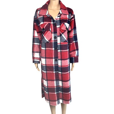 Womens Flannel Shacket S Below Knee Plaid Red Navy Shirt Coat Western Jacket New