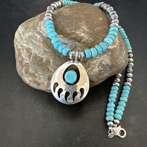 Pre-owned Handmade Mens Blue Turquoise Bearpaw Pendant Navajo Pearls Sterling Silver Necklace 17880