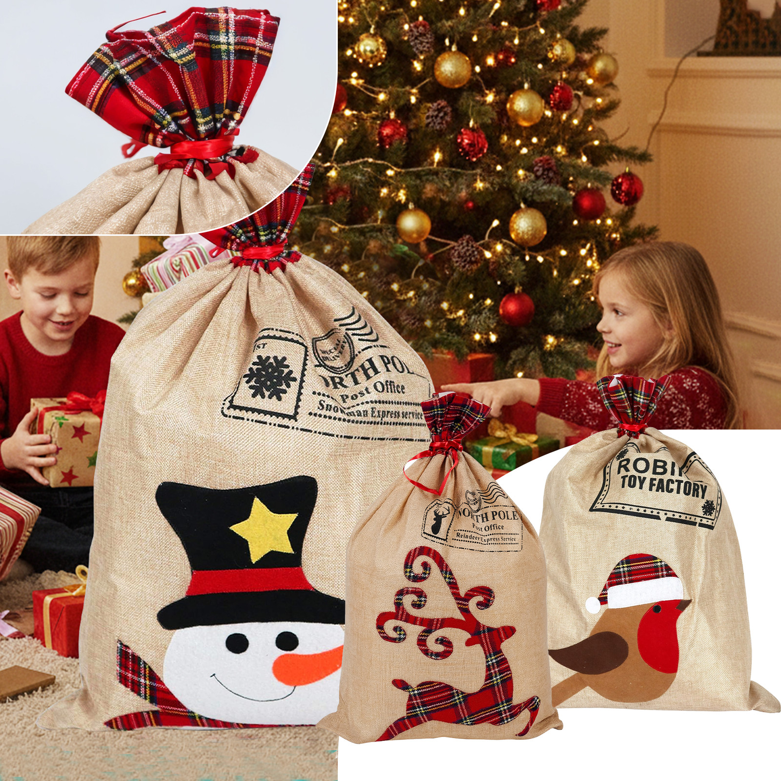 Santa Sack Burlap Christmas Gift Stockings Bag Present Snowman Reindeer Robin