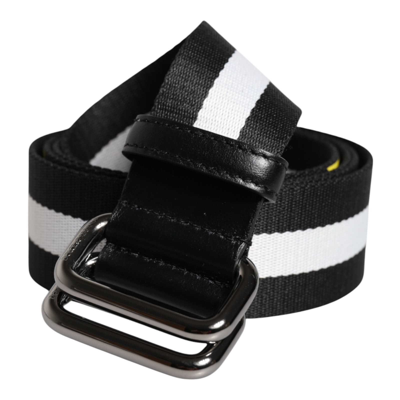 DOLCE & GABBANA Belt Black Yellow Logo Striped Metal Buckle