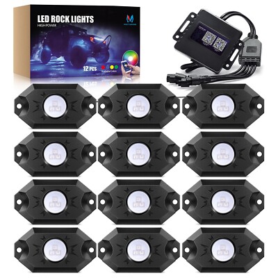 Wireless 12Pcs RGB LED Rock Lights Underglow Underbody System Neon Lightings Kit
