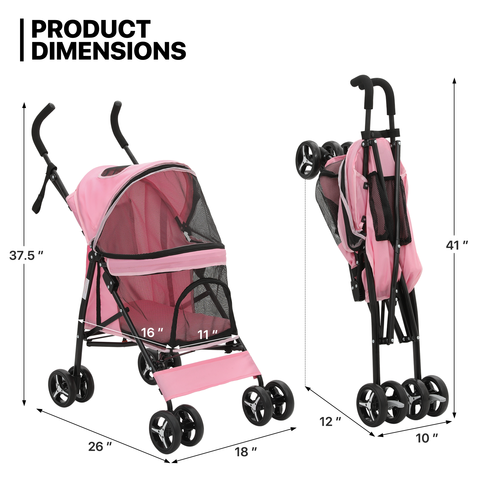 Pink Foldable Dog Stroller Adjustable Canopy Breathable Pet Travel Carrier Cart