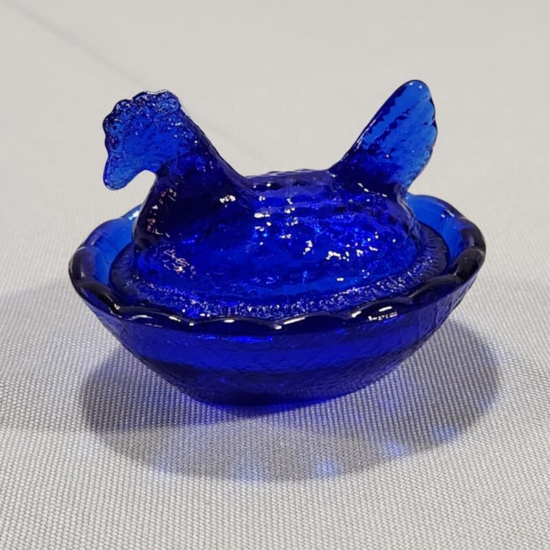 Cobalt Blue Glass 2.5" Miniature Hen on Nest Salt Cellar Trinket Dish