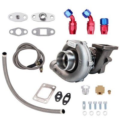 UNIVERSAL T3 T4 T04E Turbo .63 A/R Oil COOLED V-Band Flange Turbo + Oil Line Kit