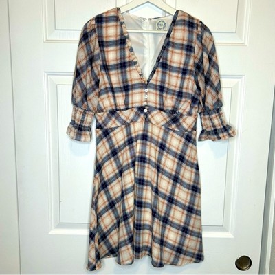 Francesca's Blue Rain NWt Puff Sleeve Plaid Fit & Flare Dress * Large