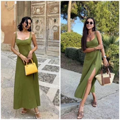 ZARA SS24 WOMAN LINEN BLEND MIDI DRESS Slit M Oil Green 3595