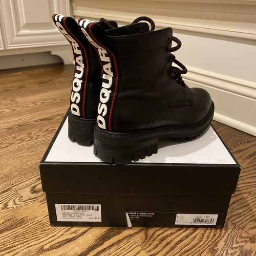 DSQUARED2 woman black leather ankle combat boot with logo