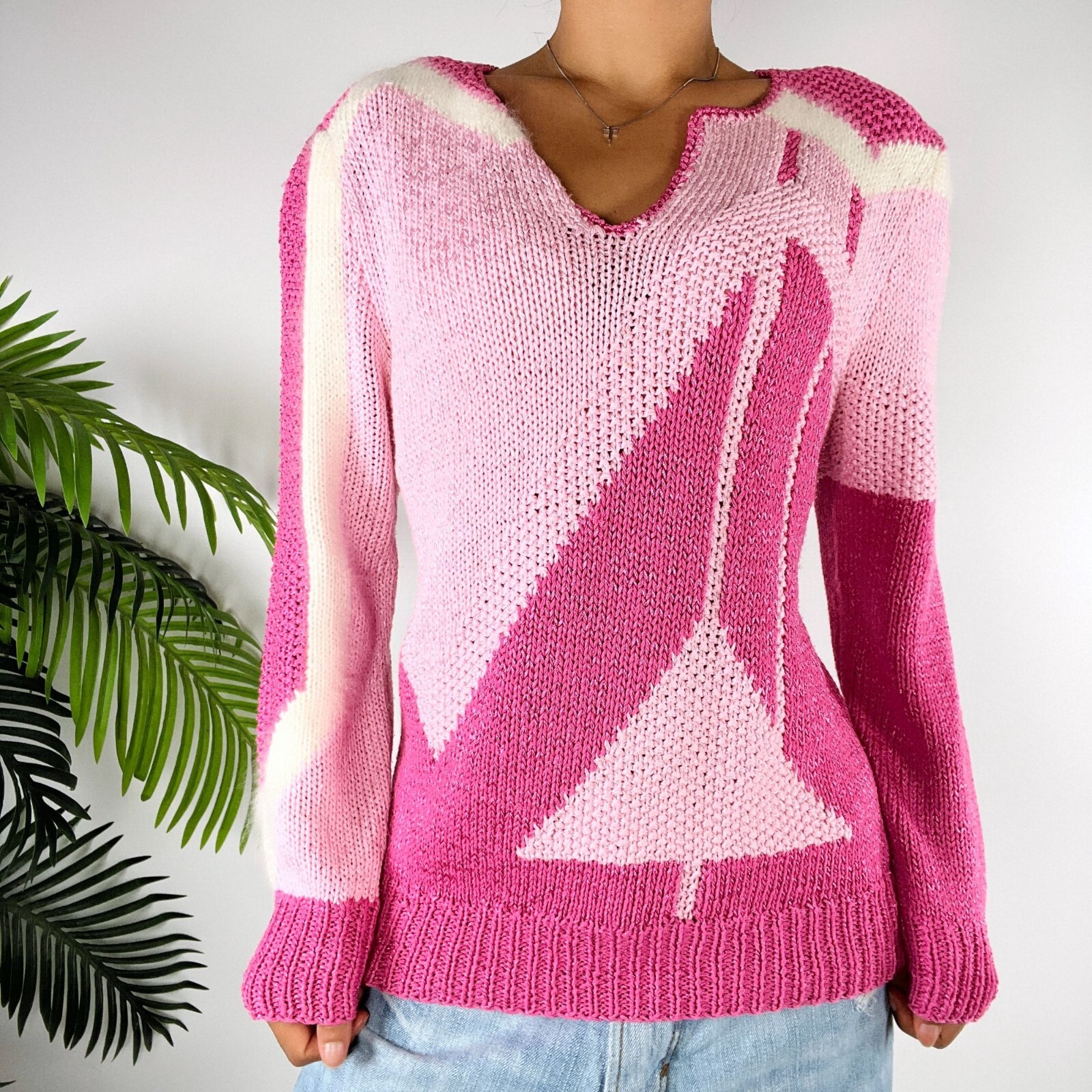 Vintage 80s Pink Geometric Cottagecore Coquette Barbiecore Knit Sweater / S Vintage 80s Pink Geometric Cottagecore Coquette Barbiecore Knit Sweater / S