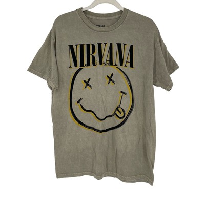 Officially Licensed Nirvana Nevermind Smiley Grunge Tee Beige Acid Wash Large