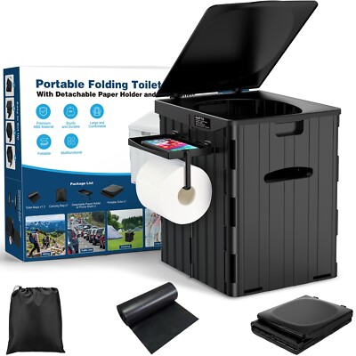 XL Foldable Camping Toilet with Detachable Phone Shelf and Toilet Paper Holder