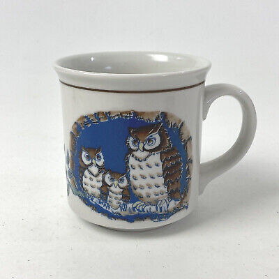 Vintage Otagiri Owl Bird Family In Tree Coffee Tea Mug Stoneware 70's Blue & Tan