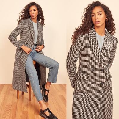 Pre-owned Reformation Double Breasted Wool York Plaid Gingham Long Coat Size Xl In Multicolor