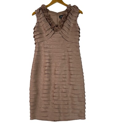 Adrianna Papell Rosette Tiered Dress Sz 8 Rose Gold Shutter Pleated Knee Length