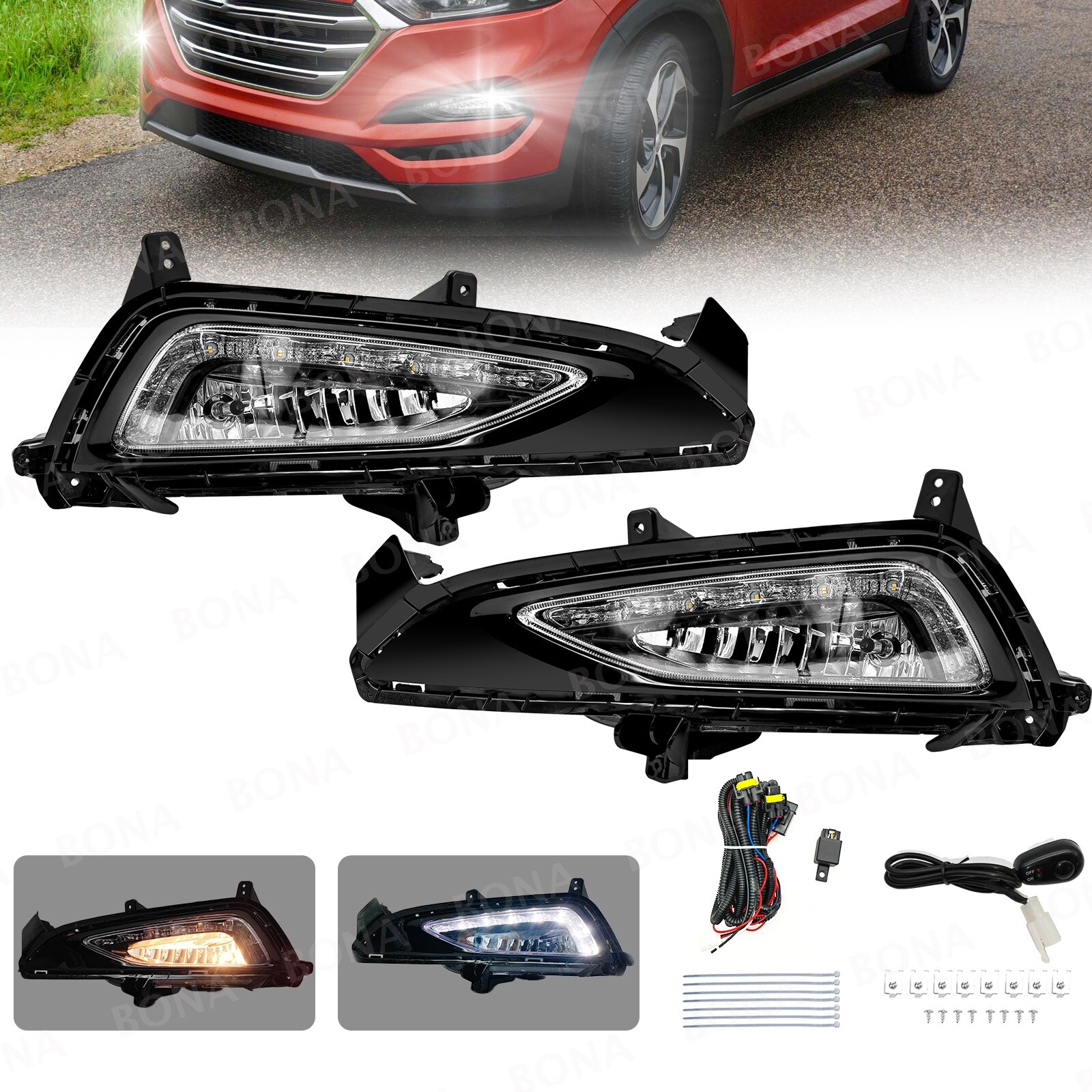 For 2016-2018 Hyundai Tucson LED Fog Lights Front Bumper Lamps with DRL