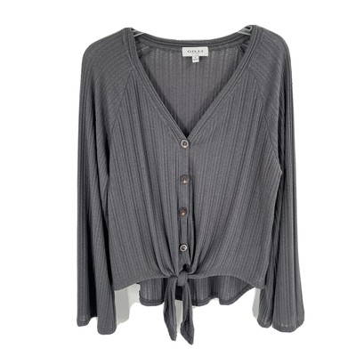 Gilli Gray Button Tie V Neck Blouse Sz Medium 