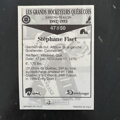 1992 Panini Grands Hockeyeurs Québécois #47 Stephane Fiset