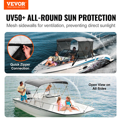 VEVOR 3 Bow Bimini Top Boat Cover Detachable Mesh Sides 600D with Frame 67"-72"W