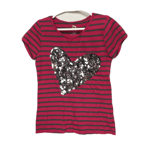 Total Girl Gray Pink Striped Short Sleeve Sequin Heart Shirt L 10 12 Pullover