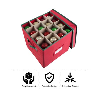 Elf Stor Christmas Box with Adjustable Dividers and Lid Ornaments Storage, Red