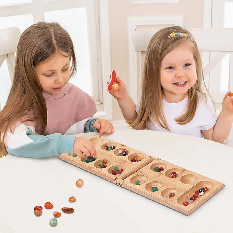 Wooden Mancala Board Game Set - Folding Board with Bonus Stones