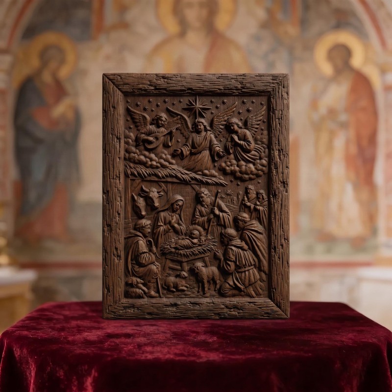 The Birth of Jesus Christ and the Shepherds Wood Carved Handmade Christian Icon