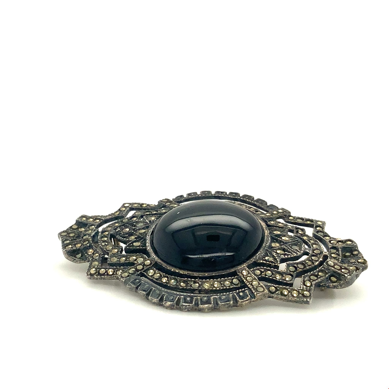 Vintage Sterling Signed Judith Jack Art Deco Round Black Onyx Marcasite Brooch