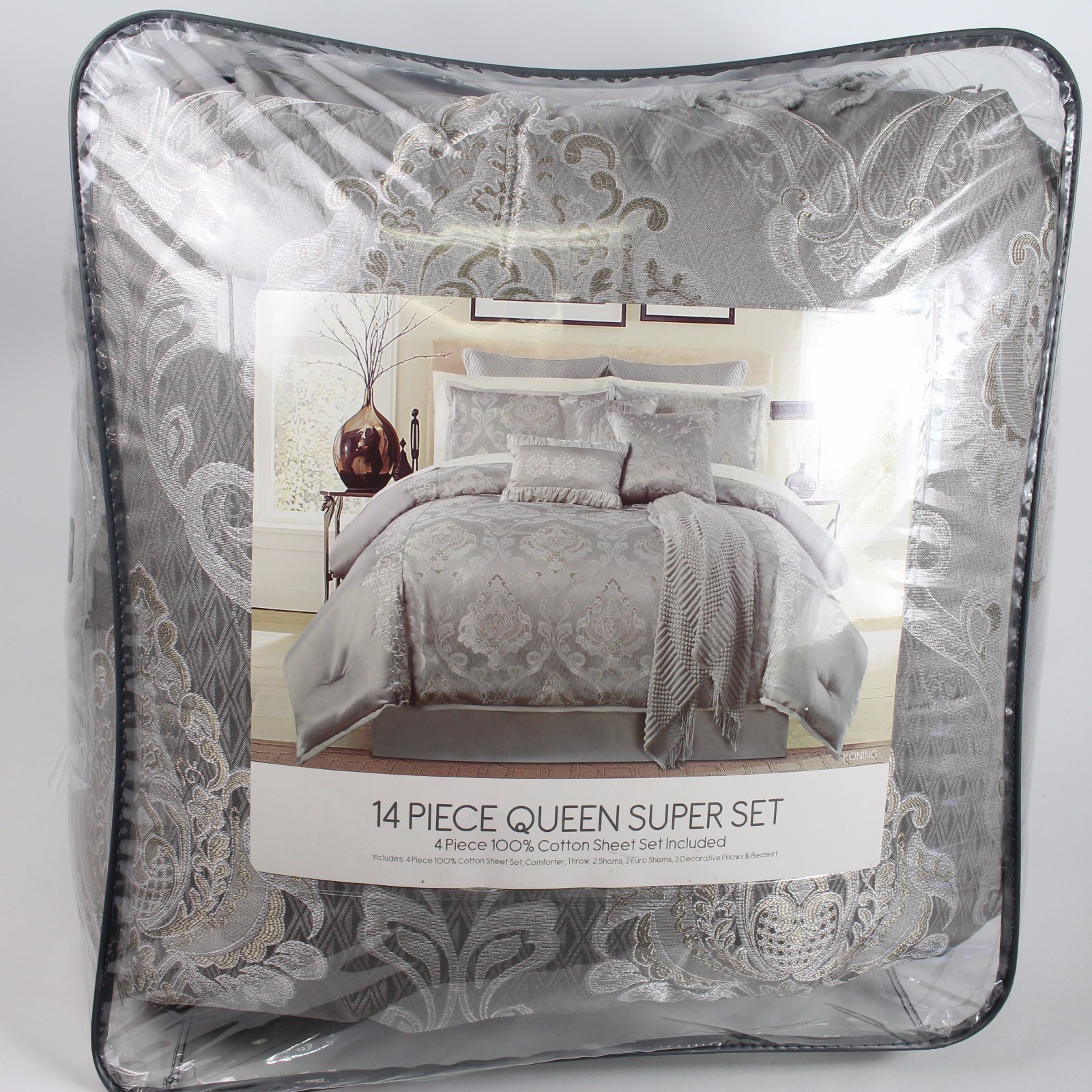 Hallmart Collectibles Koning 14 Pc QUEEN forter Set Grey MSRP