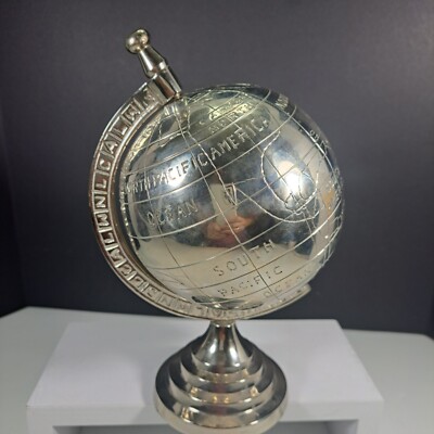 Decorative Rotating Globe Silver Metal Desk 8.5'' Map World Earth