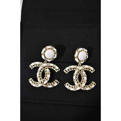 Pre-owned Chanel 22s Xl White Leather Gold Cc Logo Chain Dangle Drop Statement Earrings