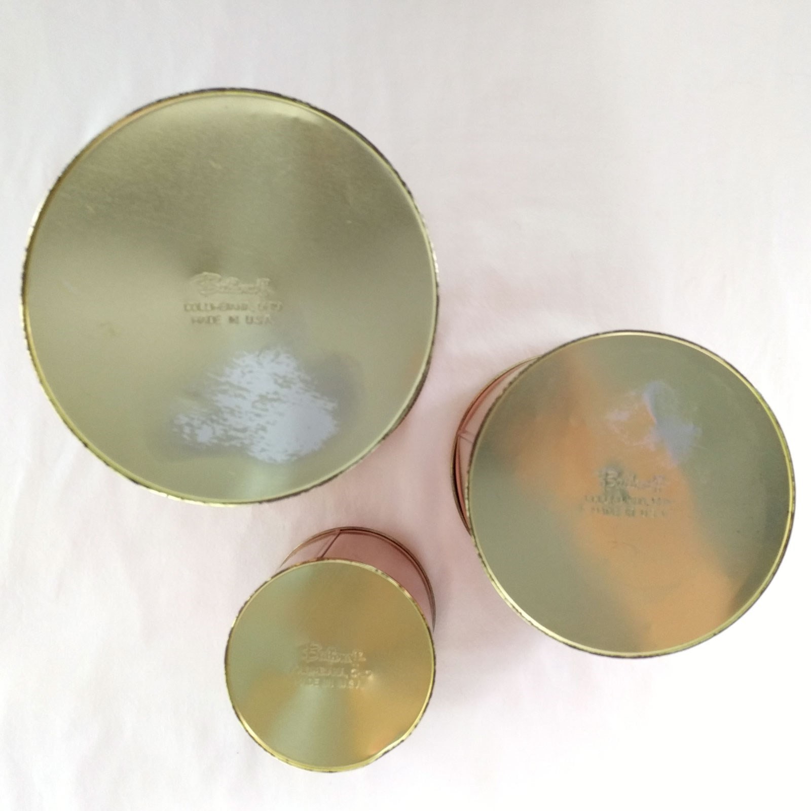 Vintage Ballonoff Copper Tone Canisters w/ Brass Labels Flour Sugar Tea Set of 3