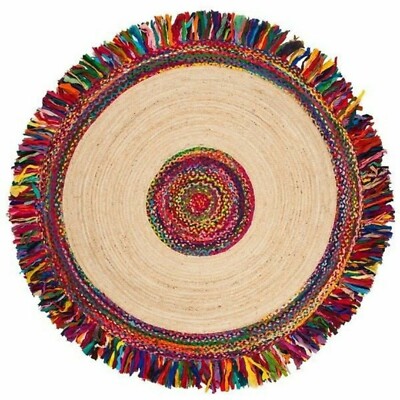 Rug Jute & Cotton Round Reversible Handmade Area Rug Rustic Modern Look Rag Rug