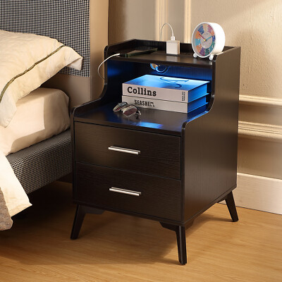 Black LED Nightstand End Side Table with Charging Station 2 Storage Drawers USB