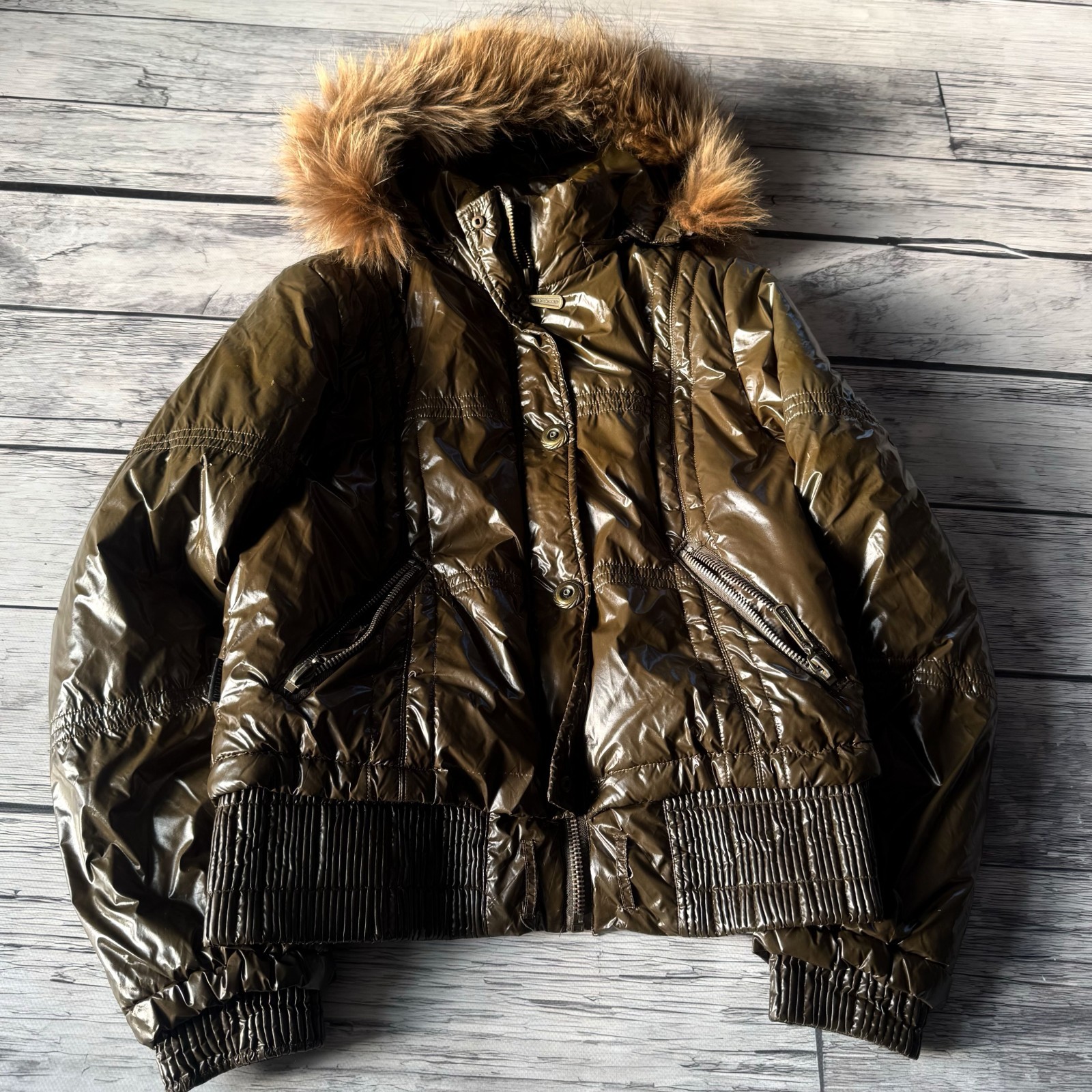 Mens Y2K Glossy Puffer Jacket Faux Fur Hood Olive Zip Winter Coat Shiny Bubble