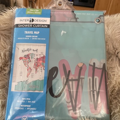 Inter  Design travel map plastic shower curtain, adventure awaits, New, Sealed