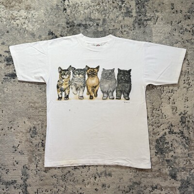 Vintage Prints Of Tails Cat T Shirt Size Large White Kitten Double Sided 90s USA